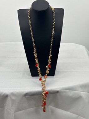 Vintage OPC Coral Red Teardrop Drop Y-Necklace Whimsigoth Gold Statement